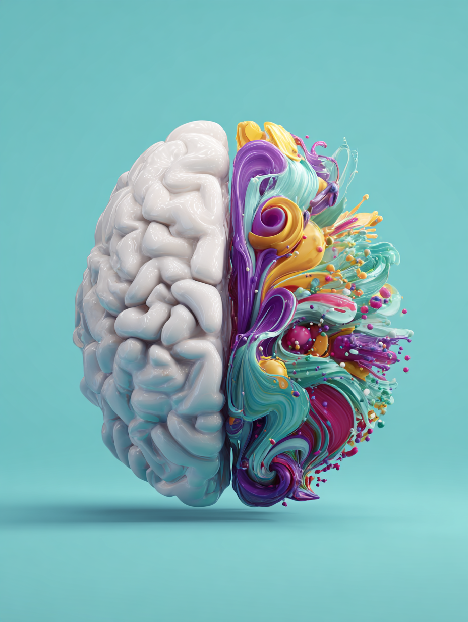 Eine stilisierte 3D-Darstellung eines Gehirns, das in der Mitte geteilt ist. Die linke Hälfte wirkt glatt, weiß und anatomisch realistisch, während die rechte Hälfte farbenfroh explodierende, wirbelnde Formen zeigt, die Kreativität symbolisieren. Der Hintergrund ist ein einfarbiges, helles Türkis.