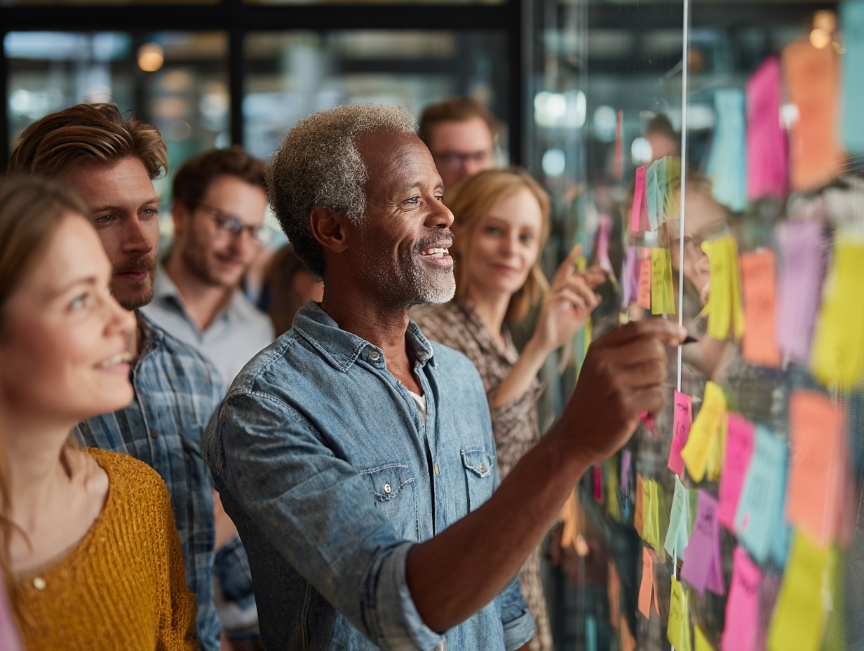 Mehrere Personen arbeiten gemeinsam an einer Glaswand voller bunter Post-its. Ein lächelnder Mann im Vordergrund schreibt etwas, während die Gruppe ihn aufmerksam begleitet – typische Situation in einem Design-Thinking-Workshop.