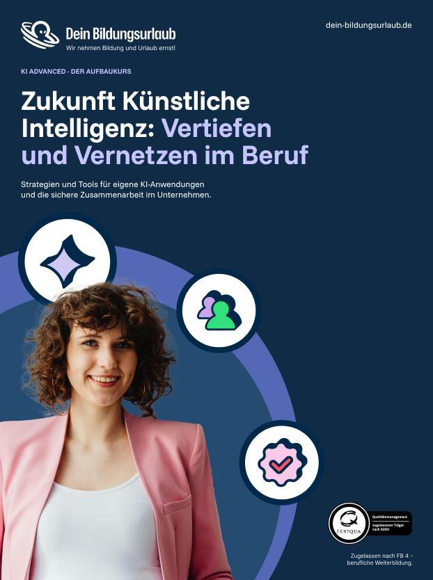 Wochenplan des KI-Aufbaukurses online: fünf Kurstage mit gesellschaftspolitischer Einheit, Deep Dive, Mittagspause und Projektarbeit, am Freitag Ausblick und Abschlusspräsentationen