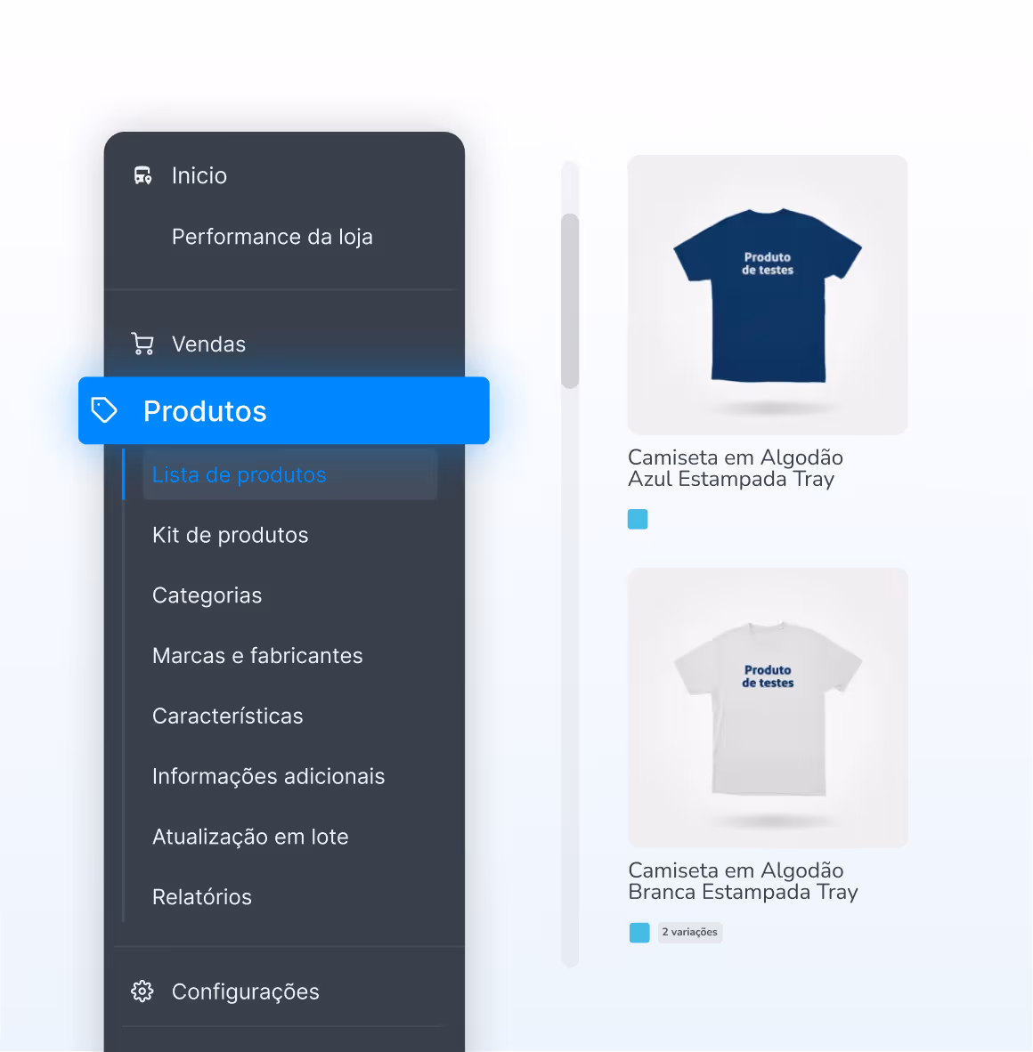 Tela do painel administrativo da Tray definindo as camisas que serão vendidas em uma loja virtual
