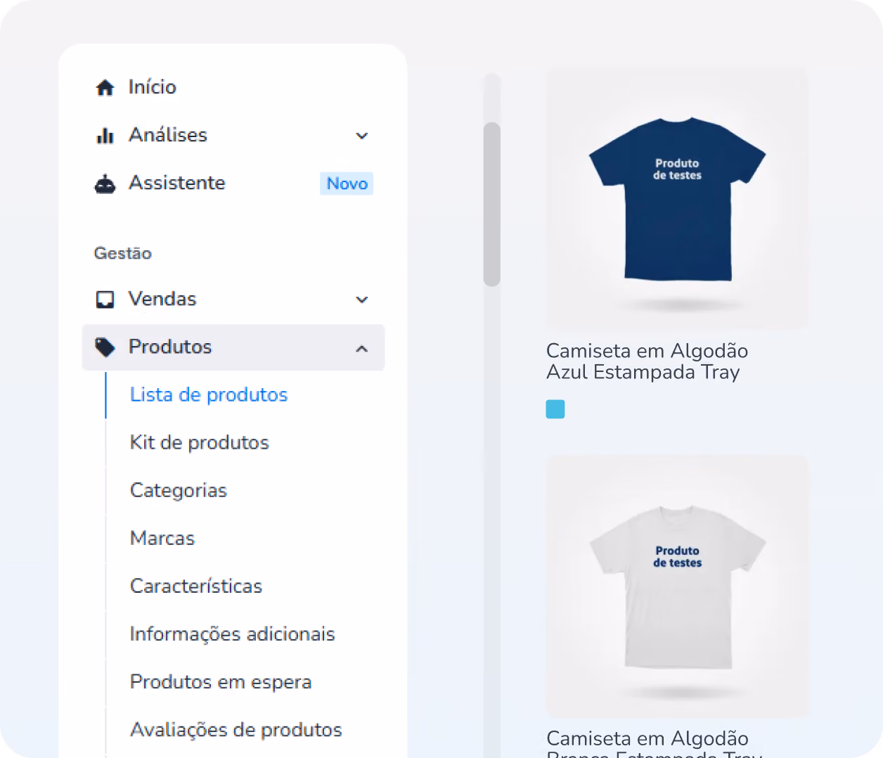 Tela do painel administrativo da Tray definindo as camisas que serão vendidas em uma loja virtual