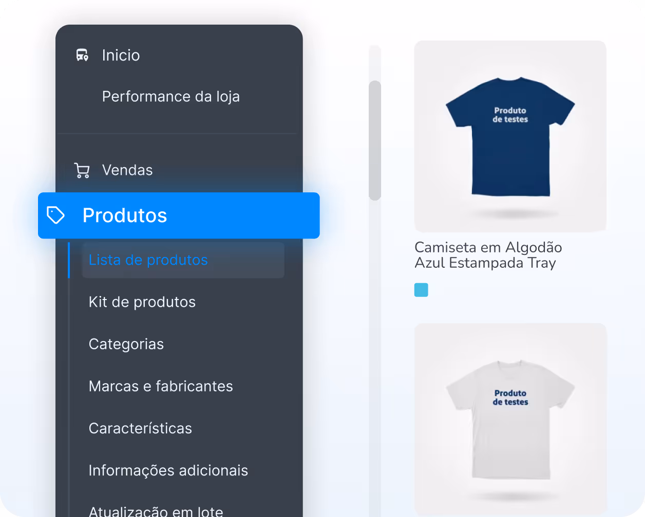 Tela do painel administrativo da Tray definindo as camisas que serão vendidas em uma loja virtual