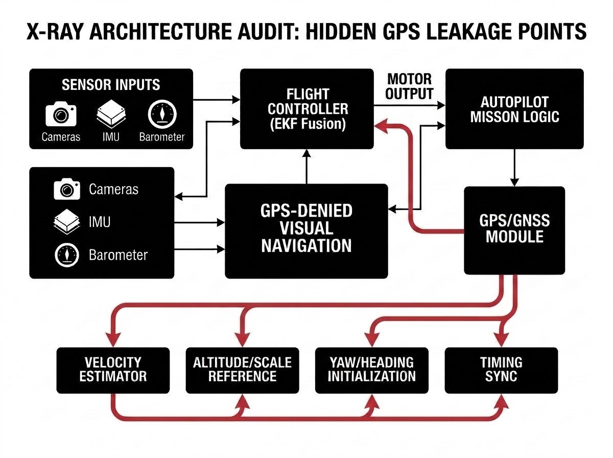 An x-ray style software architecture diagram of an autonomous navigation system. A prominent 'GPS-denied Vision Navigation' block sits in the center. Glowing red/amber leak paths originate from a translucent GPS/GNSS module, silently tracing beneath the architecture and connecting directly into Velocity Estimator, Altitude/Scale Reference, Yaw/Heading Initialization, and Timing Sync modules.