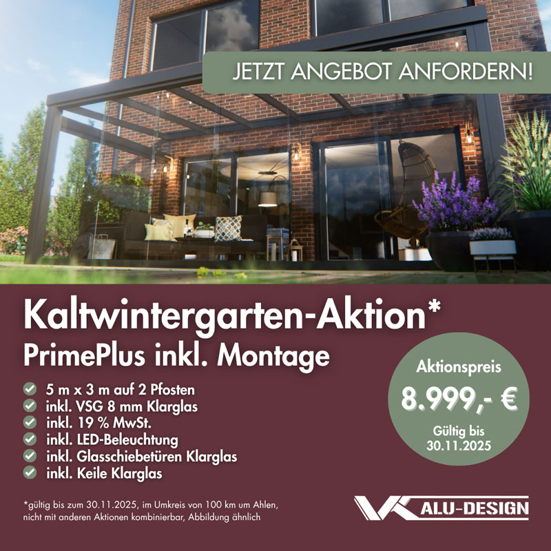 Kaltwintergarten-Aktion von ALU-DESIGN – moderner Glaswintergarten 5x3 m mit LED-Beleuchtung, Schiebetüren und Montage zum Aktionspreis 8.999 € gültig bis 30.11.2025.