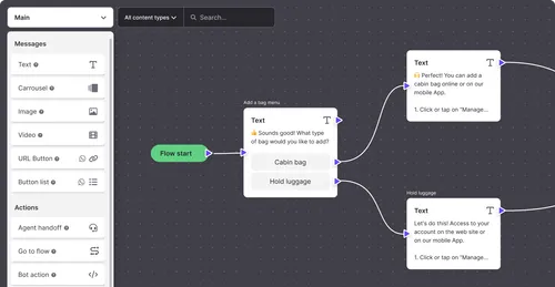 La interfaz de usuario del chatbot Hubtype muestra el flujo de selección de equipaje, con opciones para equipaje de mano o equipaje de bodega, lo que mejora la interacción y el compromiso del usuario.