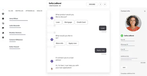 Interfaz de chatbot Hubtype que muestra una conversación de consulta de préstamo con la usuaria Sofia LeBlond y los detalles de contacto del cliente.