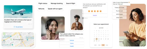 Interfaz de plataforma de chatbot de Hubtype que muestra las opciones de reserva de viajes, la interacción con el usuario, la encuesta de satisfacción y la programación de citas.