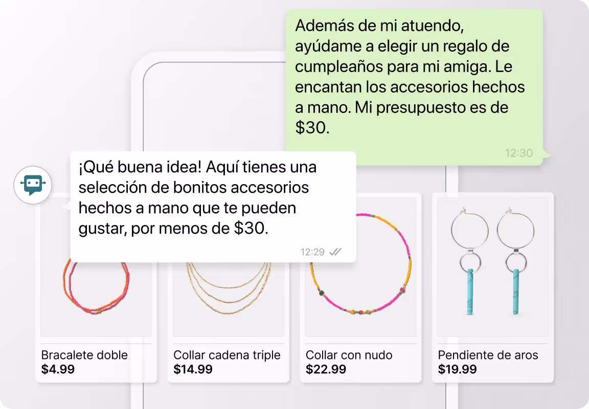 Captura de pantalla de una conversación estilo WhatsApp donde se muestran accesorios de mano (pulseras, collares, pendientes)