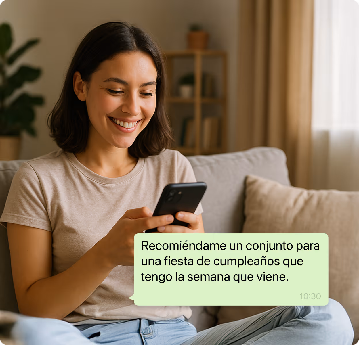 Smiling woman using smartphone at home for outfit advice.