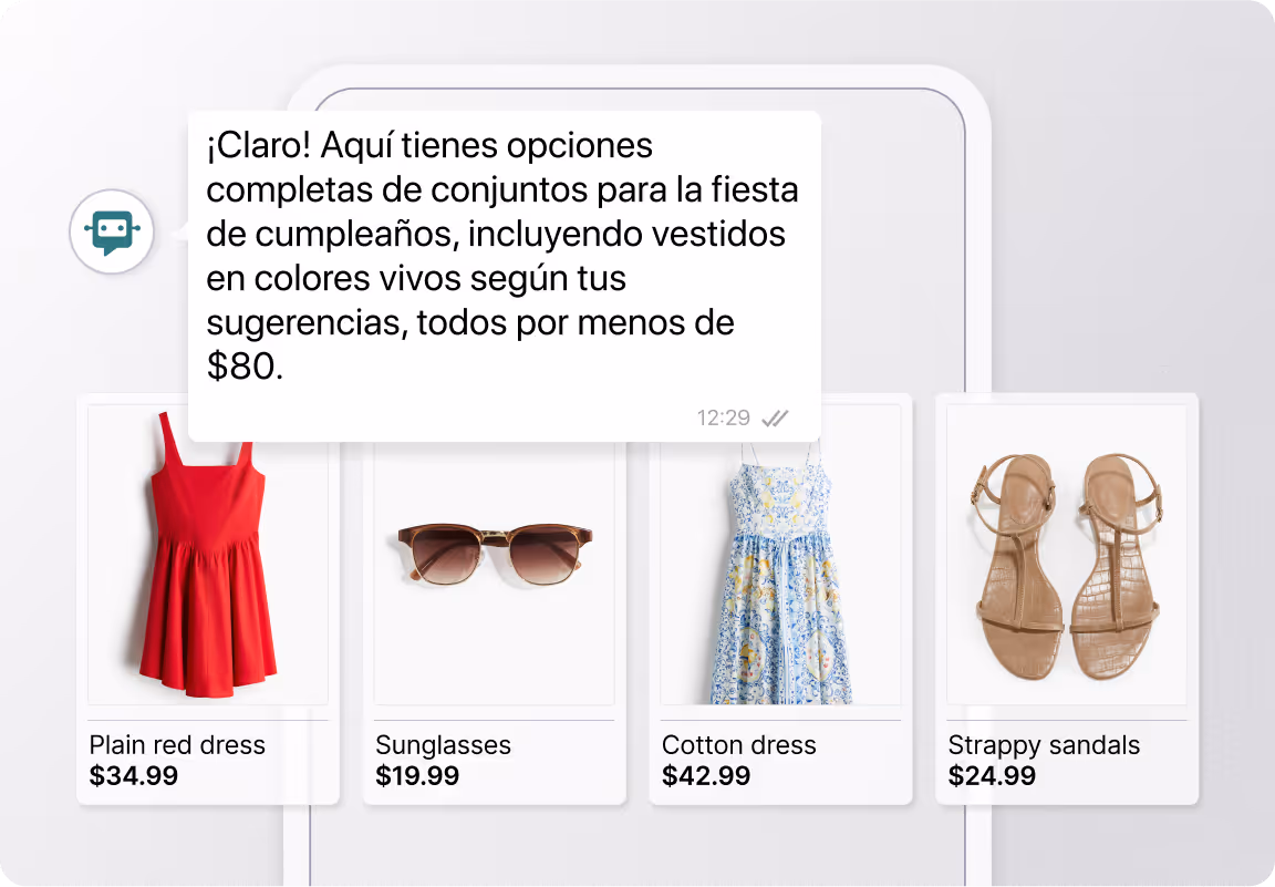 Interfaz de chat donde un asistente virtual sugiere conjuntos para una fiesta, mostrando un vestido rojo, gafas de sol, un vestido estampado y sandalias, todos con precios por debajo de 80 dólares
