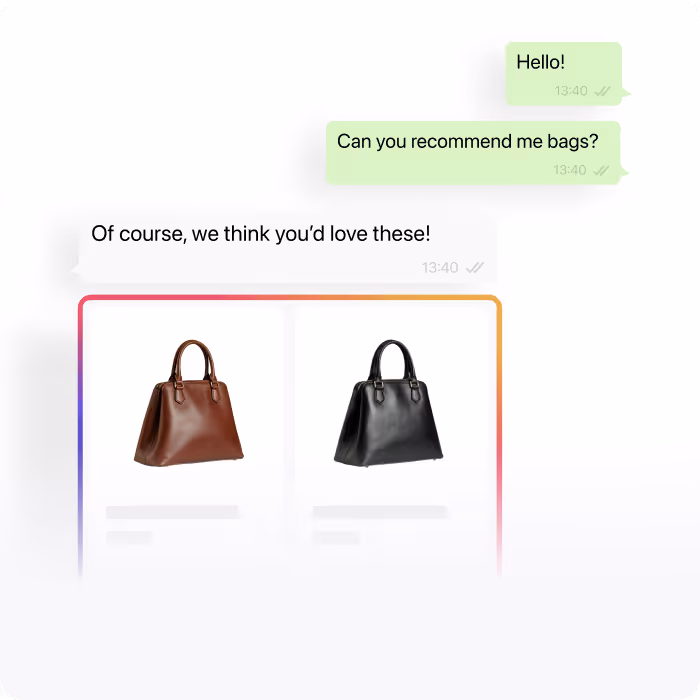 Chat conversation recommending two handbags, one brown and one black, displayed side by side.