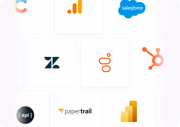 Grid of CRM and helpdesk service logos including Salesforce, Zendesk, HubSpot, Google Analytics, Papertrail, and API symbol.