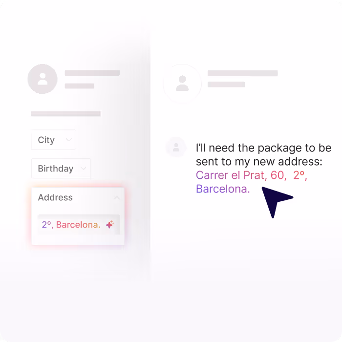 User interface showing form fields for city, birthday, and address with text indicating a package needs to be sent to the new address Carrer el Prat, 60, 2º, Barcelona.
