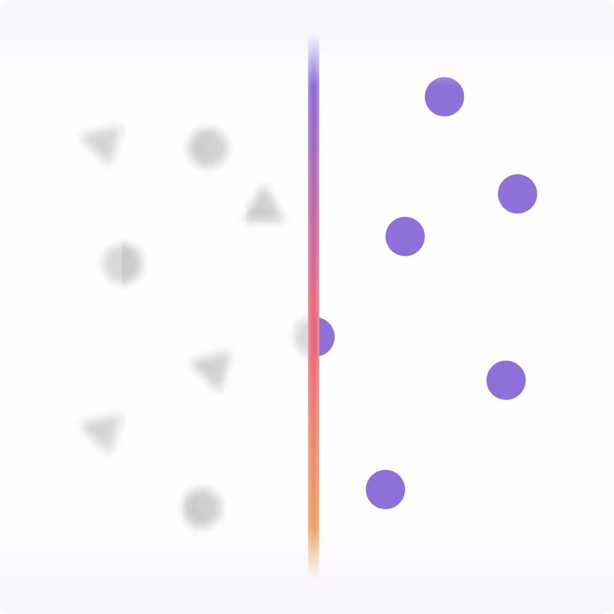 Abstract image showing a vertical gradient line separating blurred gray triangles and circles on the left from distinct purple dots on the right.
