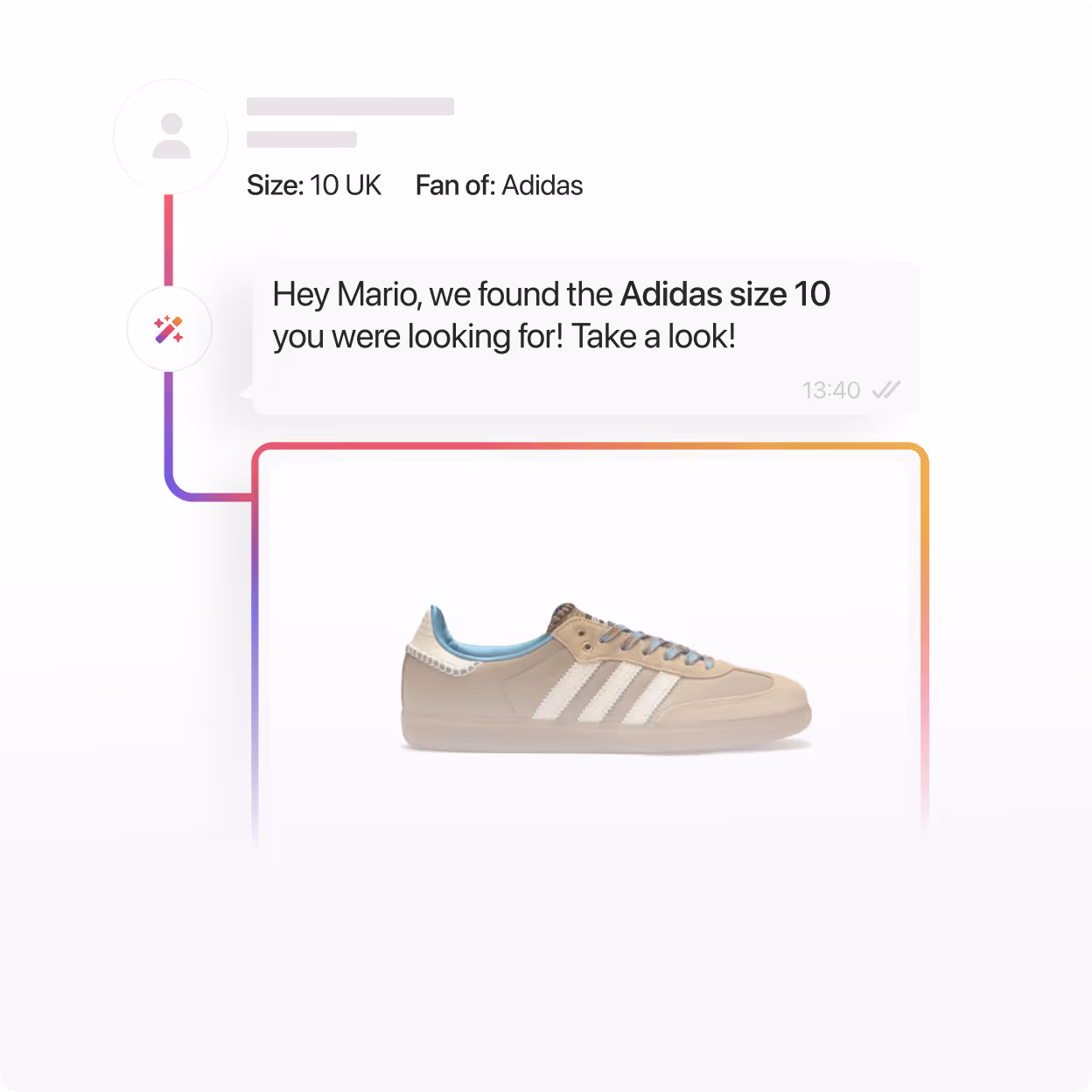 Chat message stating Adidas size 10 shoes found, with an image of beige Adidas sneaker with white stripes.