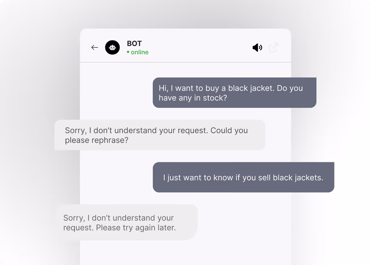 Chat conversation with a bot where the user asks about buying a black jacket and the bot responds twice that it doesn't understand the request.