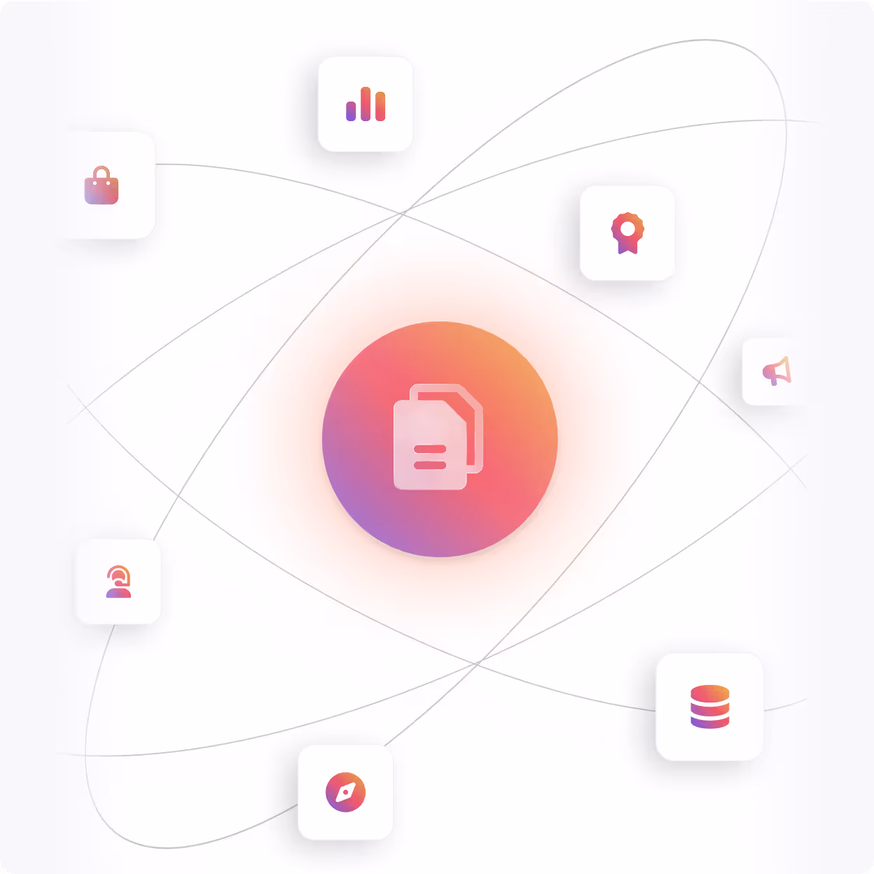 Central icon of overlapping documents surrounded by seven smaller icons including a lock, bar chart, ribbon, megaphone, database, compass, and notification, connected by elliptical orbits.