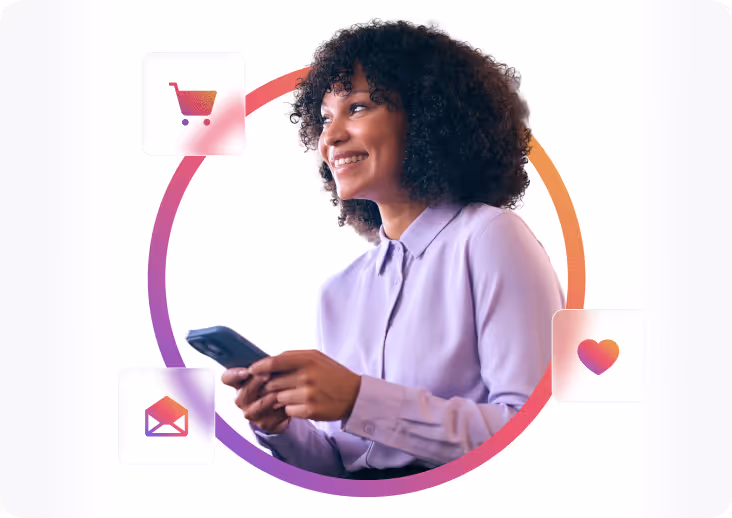 Smiling woman holding a smartphone surrounded by icons of a shopping cart, an envelope, and a heart inside a colorful circular frame.