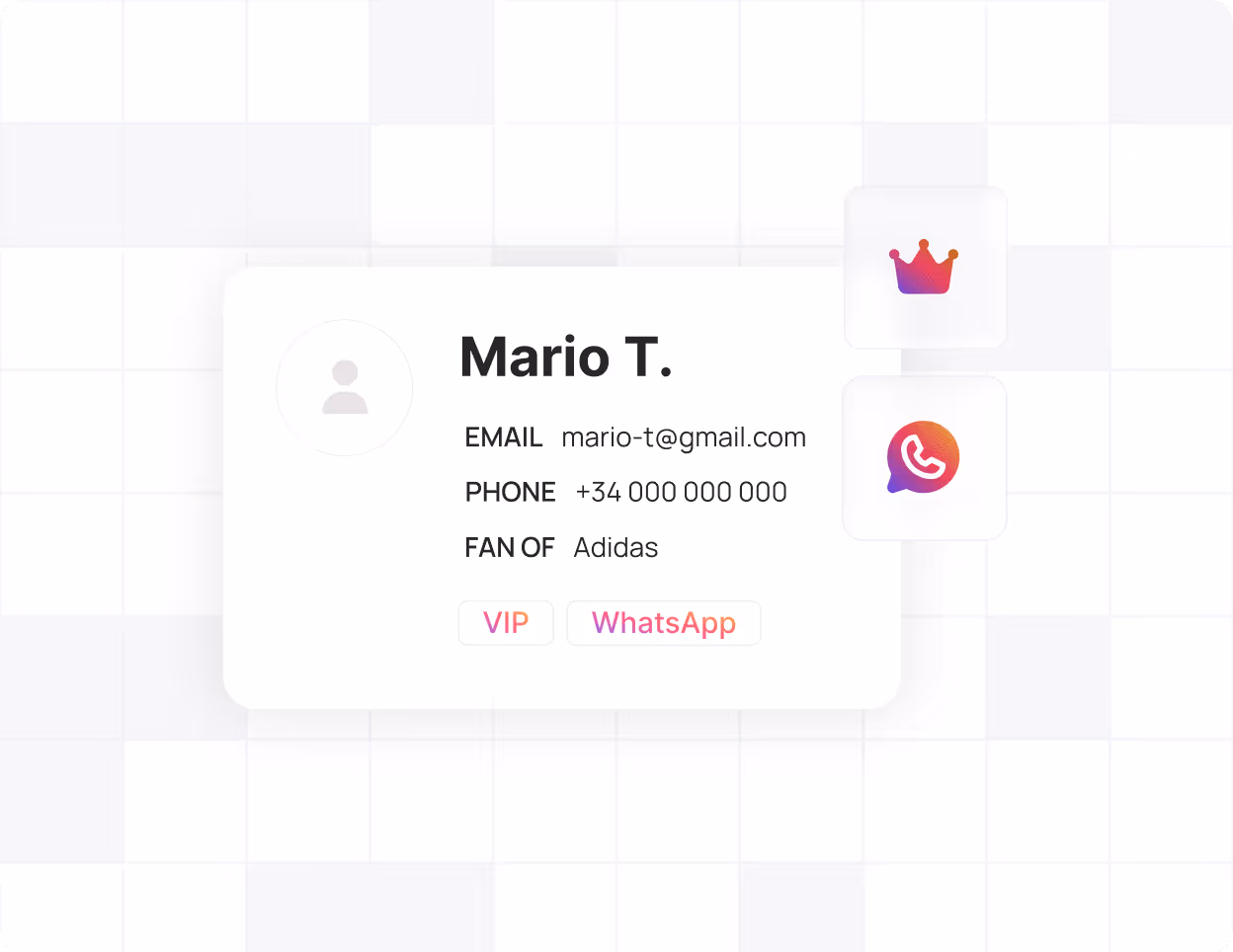 User profile card of Mario T. with email mario-t@gmail.com, phone +34 000 000 000, fan of Adidas, VIP and WhatsApp tags.