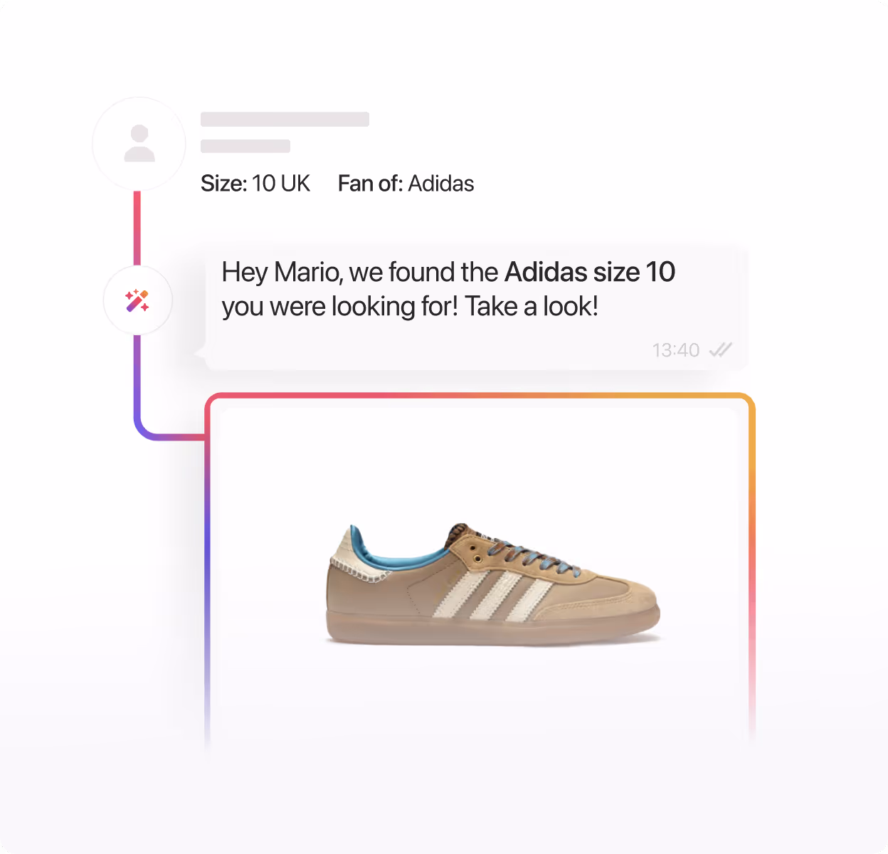 Chat message showing an Adidas size 10 sneaker with beige color and white stripes.
