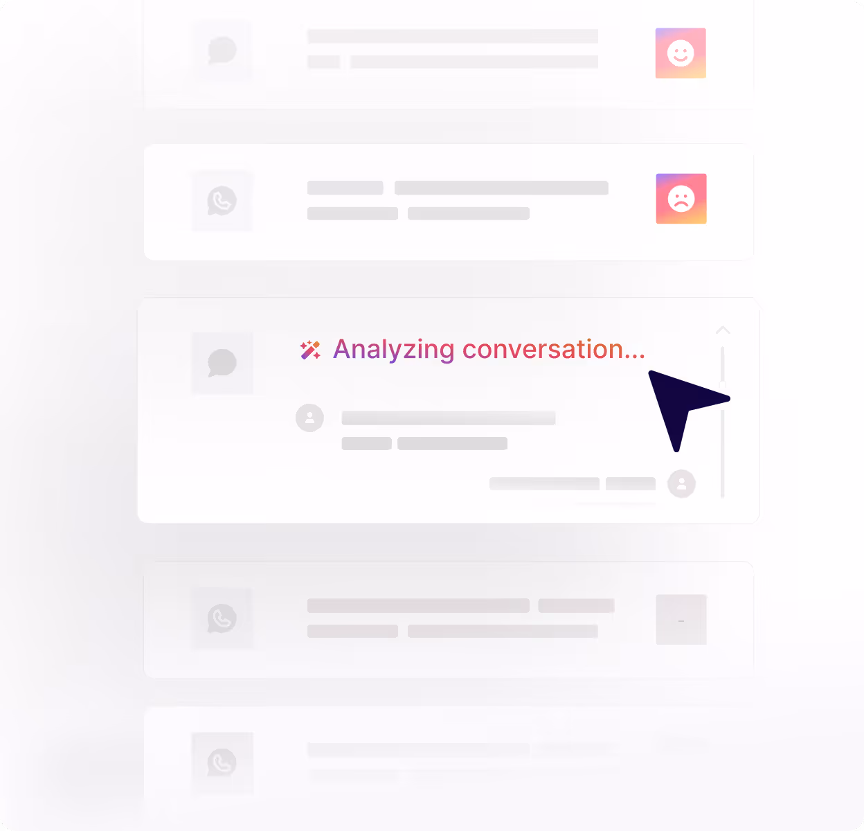 User interface screen showing a conversation analysis in progress with text 'Analyzing conversation...' and a large cursor pointer.