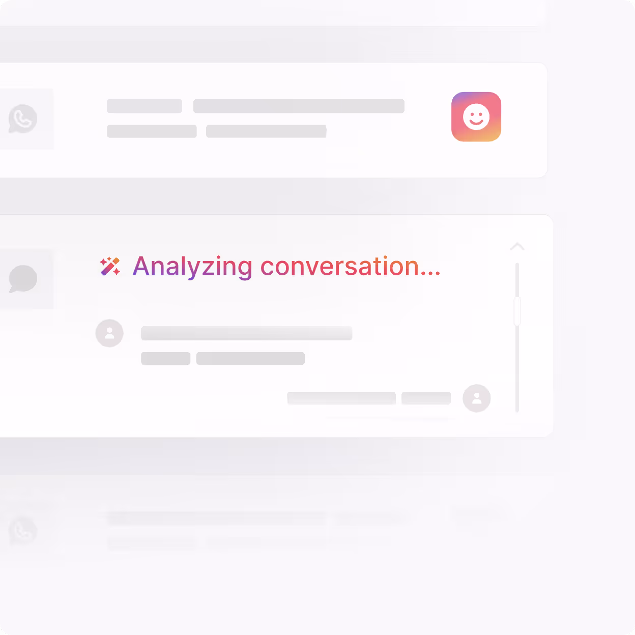Messaging interface showing the status message 'Analyzing conversation...' with chat bubbles and user icons.