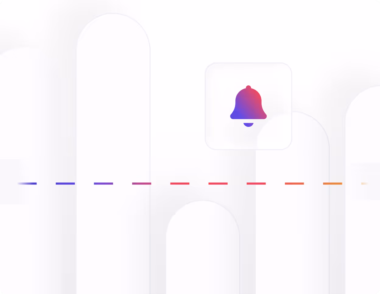 Notification bell icon above a colorful dashed horizontal line with rounded vertical bars in the background.