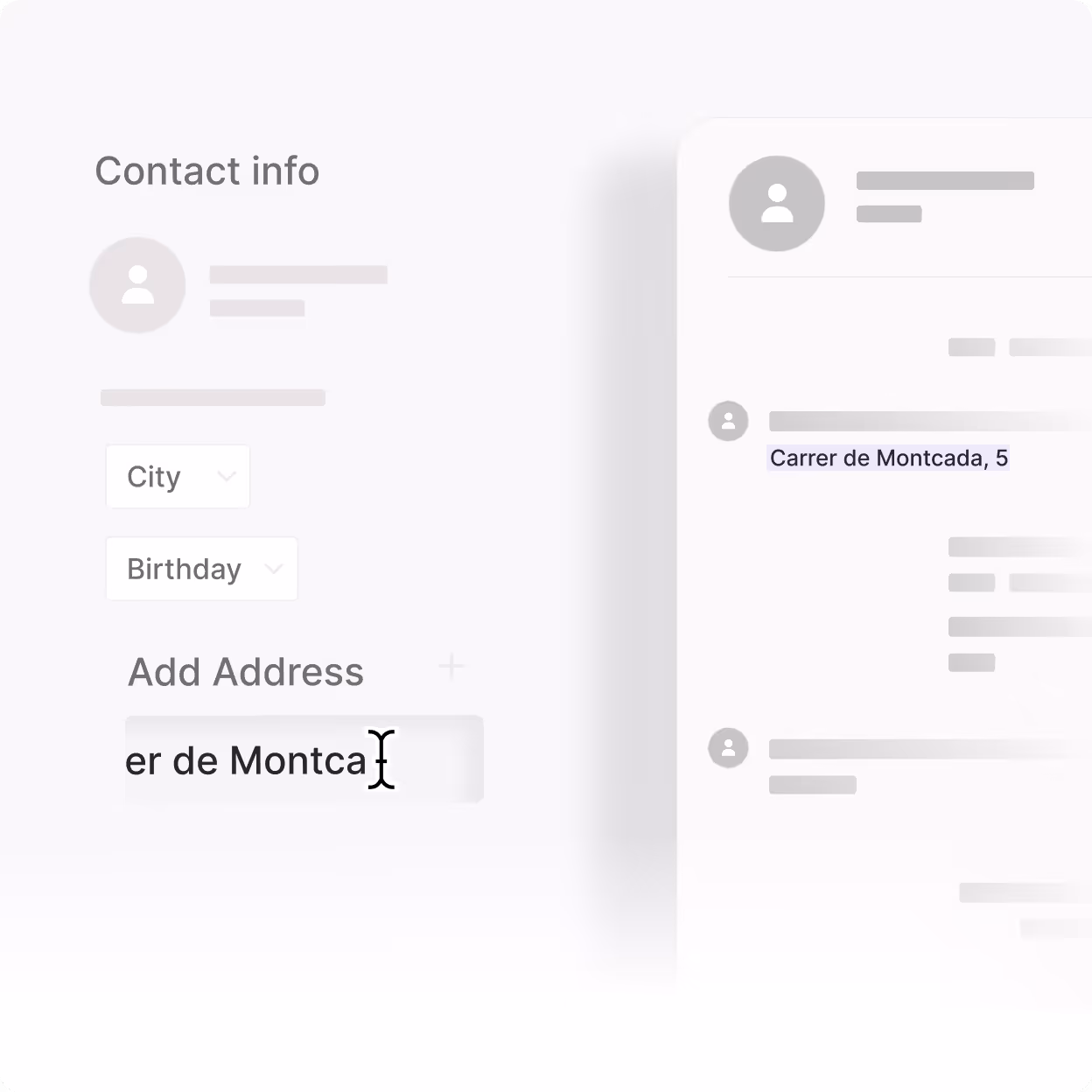 User interface showing a contact info form with placeholders for city, birthday, and an address field partially filled with 'er de Montca'.