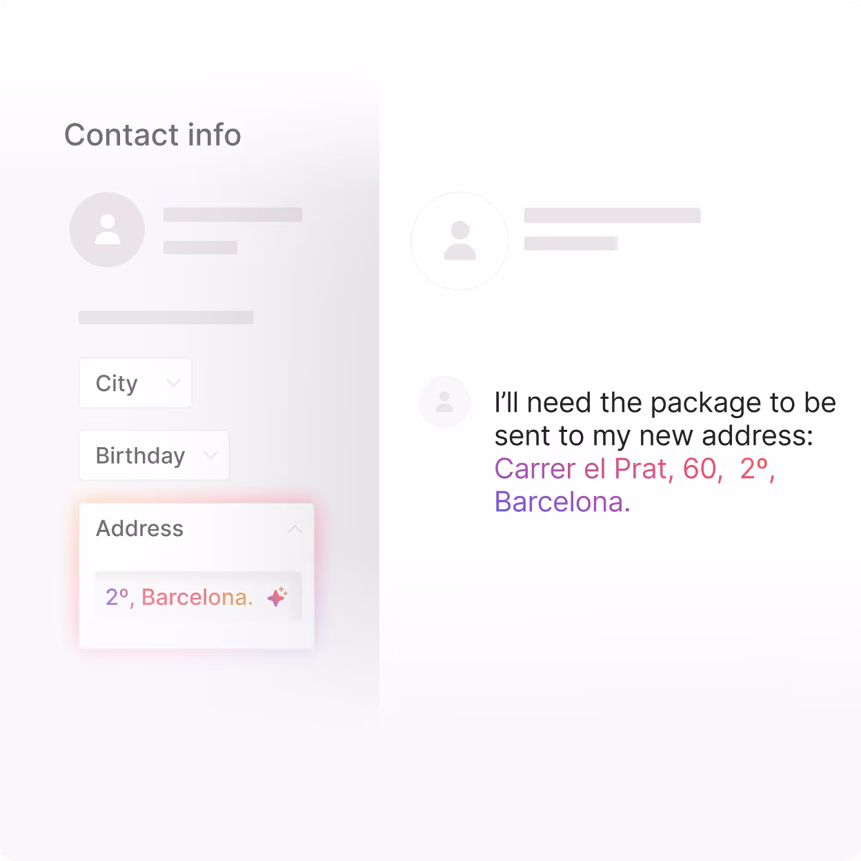 User interface showing a contact info form with city, birthday, and address fields, and a message requesting a package sent to Carrer el Prat, 60, 2º, Barcelona.