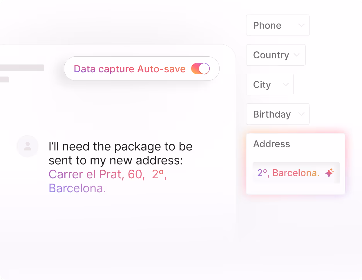 User interface showing message about sending a package to a new address at Carrer el Prat, 60, 2º, Barcelona with data capture auto-save toggle.