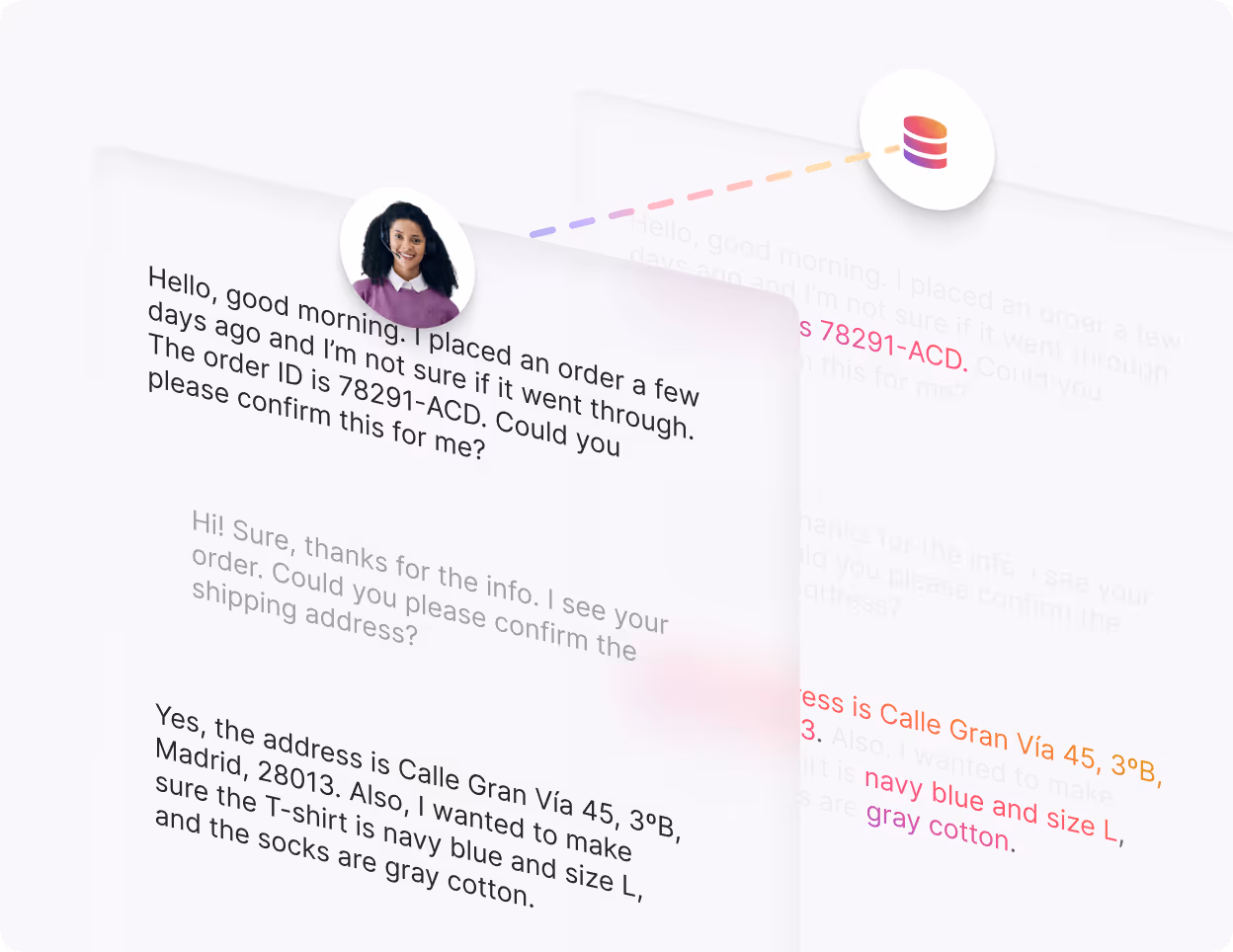Chat conversation showing a customer inquiry about an order with order ID 78291-ACD and confirmation of shipping details including address and clothing colors.