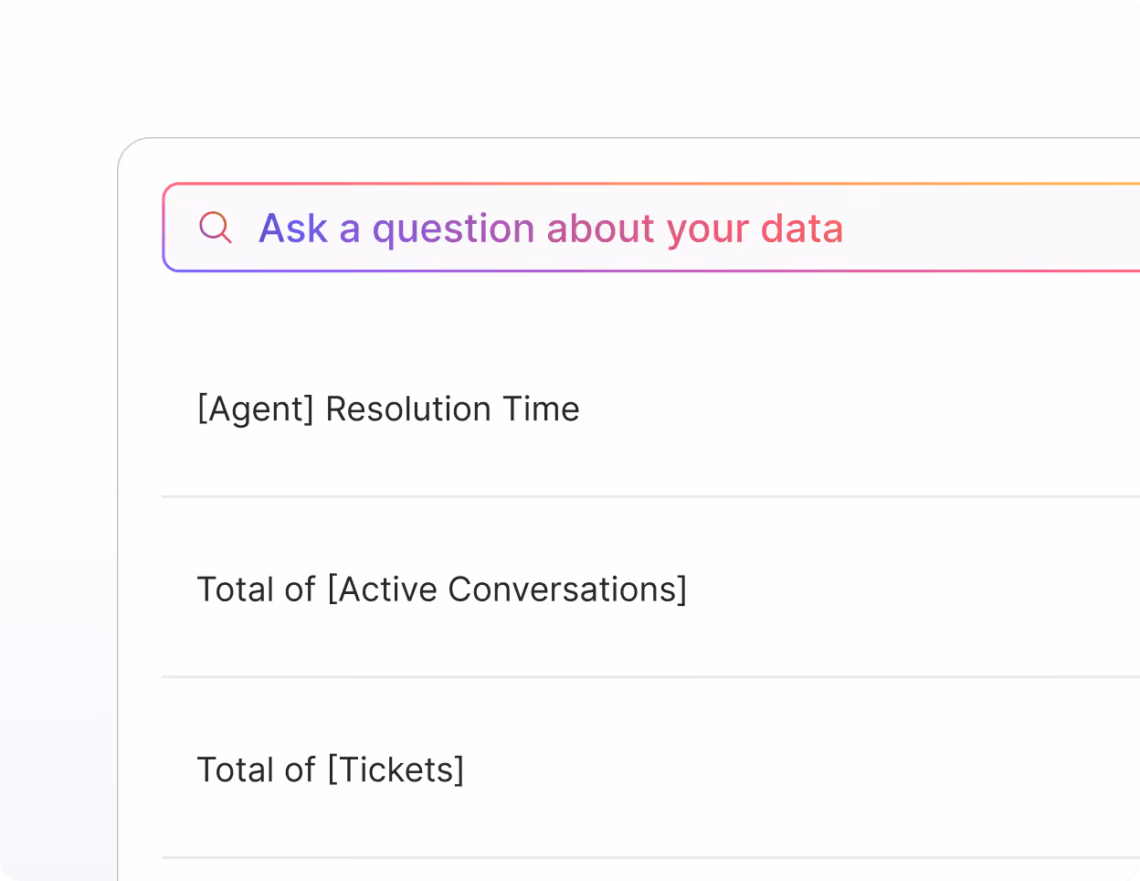 Search bar with placeholder text 'Ask a question about your data' and example queries: '[Agent] Resolution Time', 'Total of [Active Conversations]', and 'Total of [Tickets]'.
