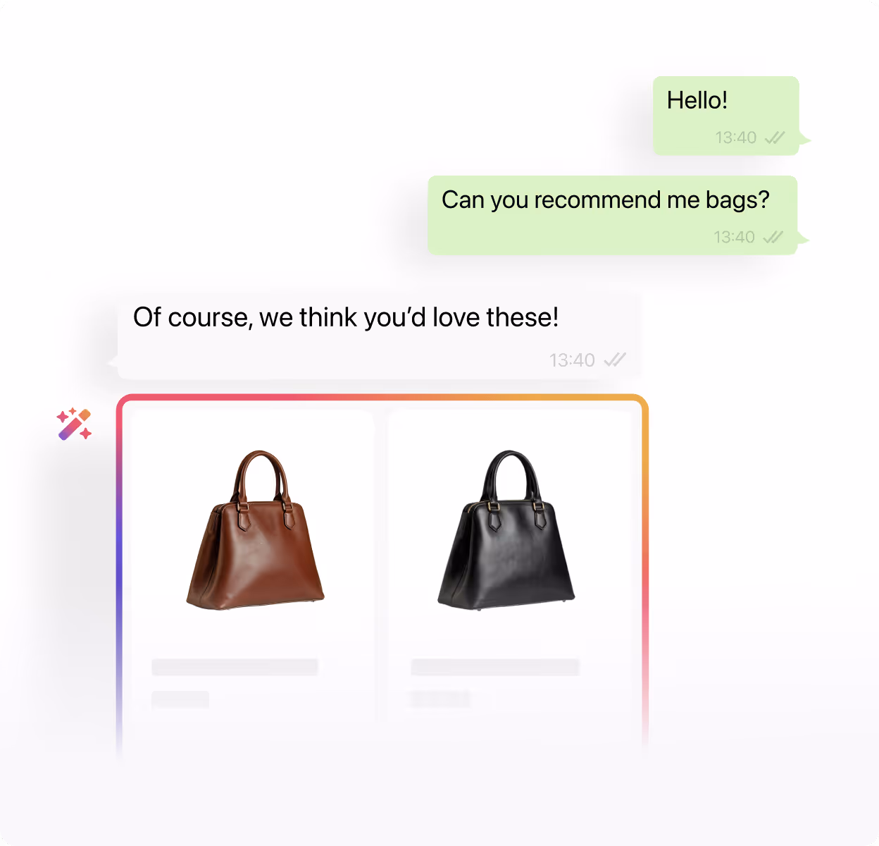 Chat interface showing a conversation about bag recommendations with images of a brown and a black handbag.