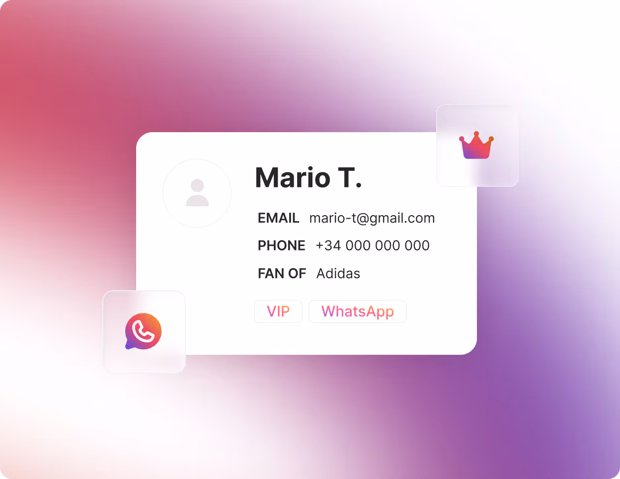User profile card for Mario T. showing email, phone number, fan of Adidas, and labeled VIP and WhatsApp.