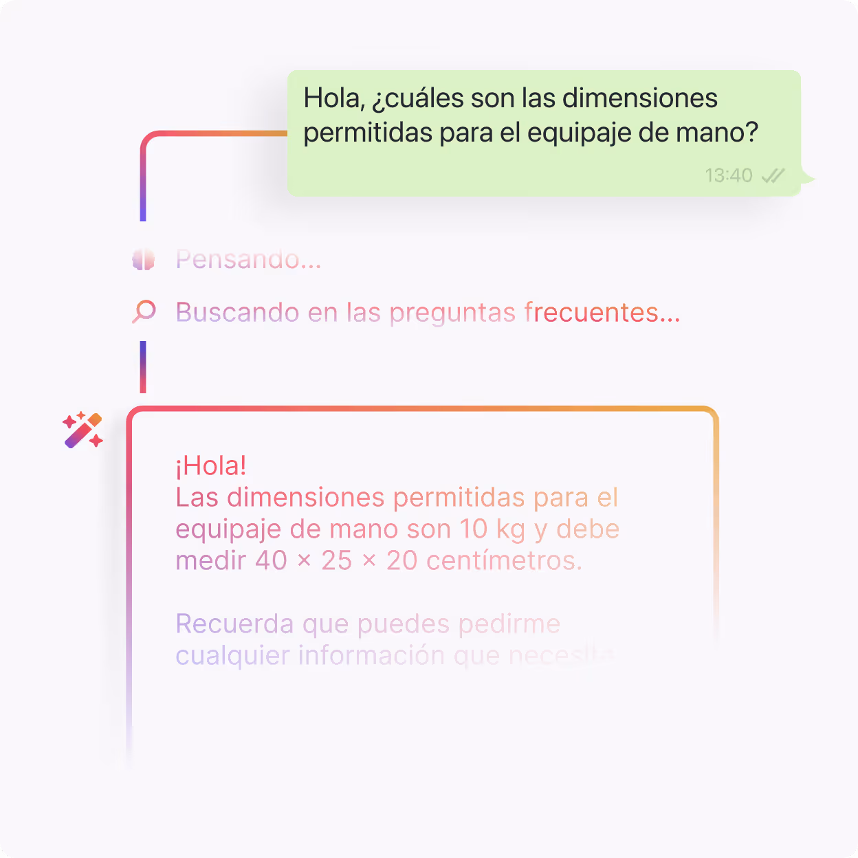 Pantalla de conversación de chat que muestra una pregunta sobre las dimensiones permitidas para el equipaje de mano y una respuesta que indica que el peso permitido es de 10 kg y las dimensiones son de 40 × 25 × 20 centímetros.