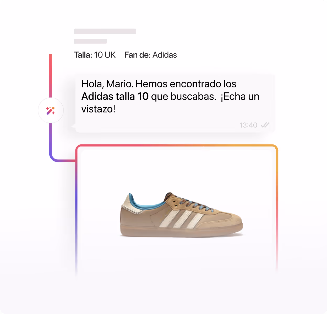 Mensaje de chat en español que muestra una zapatilla Adidas talla 10 UK de color beige con rayas blancas y forro interior azul claro.