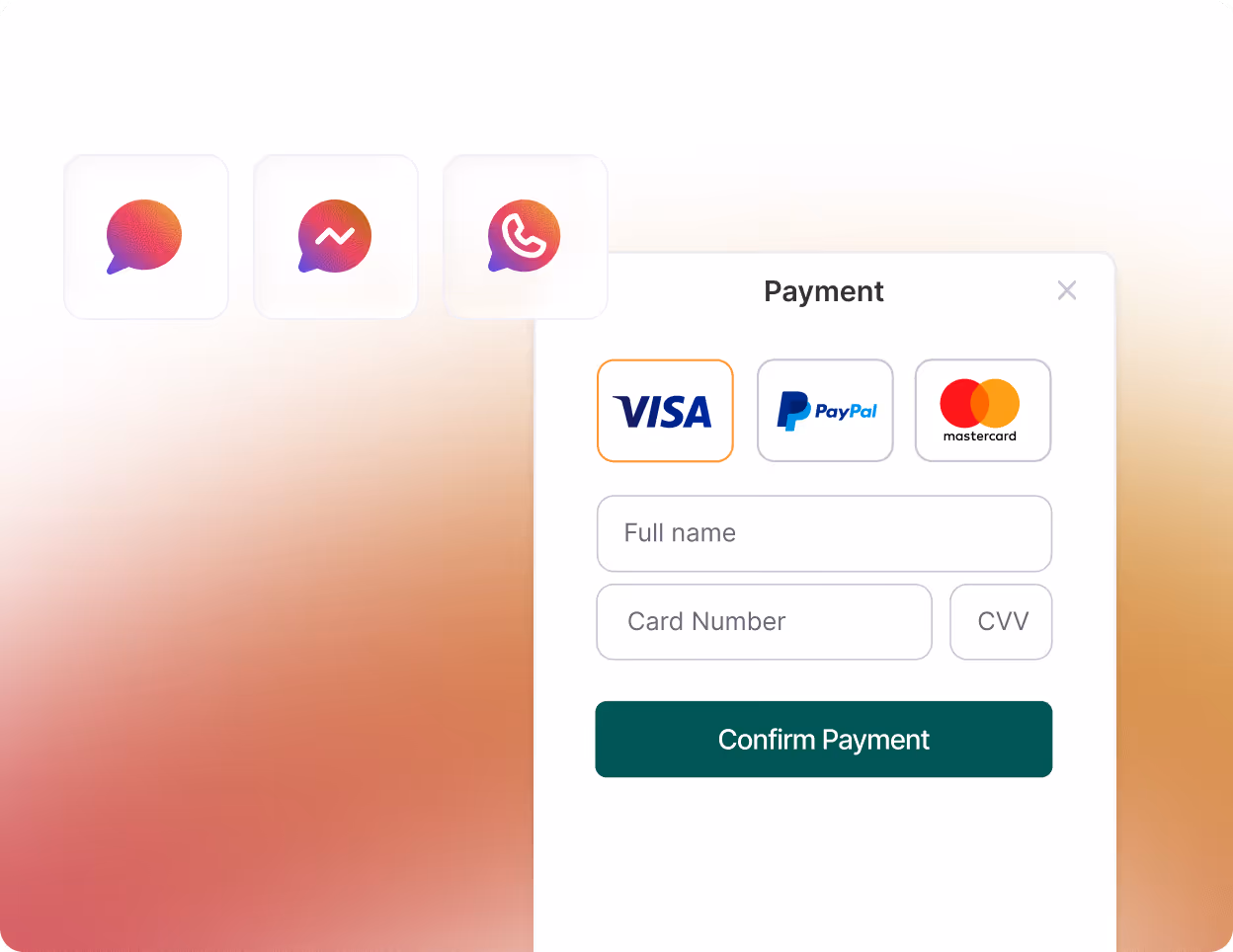 Payment form with options for Visa, PayPal, and Mastercard, fields for full name, card number, CVV, and a Confirm Payment button.