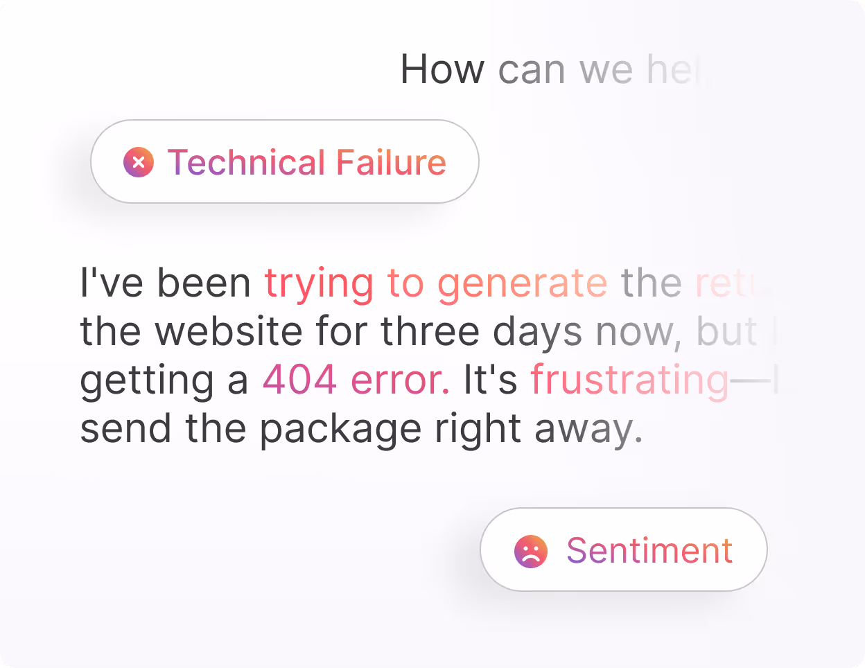 Text showing a message about a technical failure with phrases like 'trying to generate', '404 error', and 'frustrating', accompanied by buttons labeled Technical Failure and Sentiment with icons.