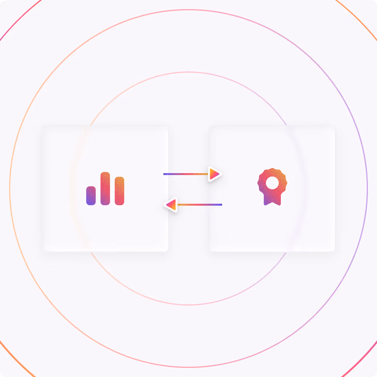 Two cards with gradient icons connected by two bi-directional arrows, showing interaction between a bar chart and an award ribbon.