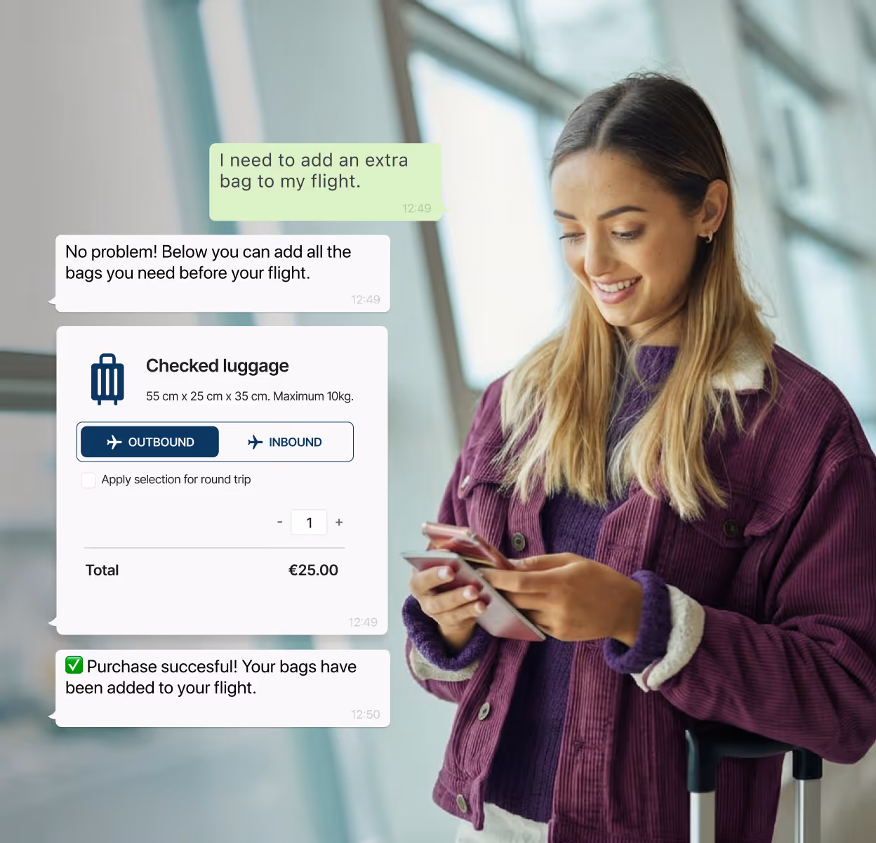 Smiling woman with a suitcase using her phone, alongside a chat interface showing adding checked luggage to a flight for €25.00.