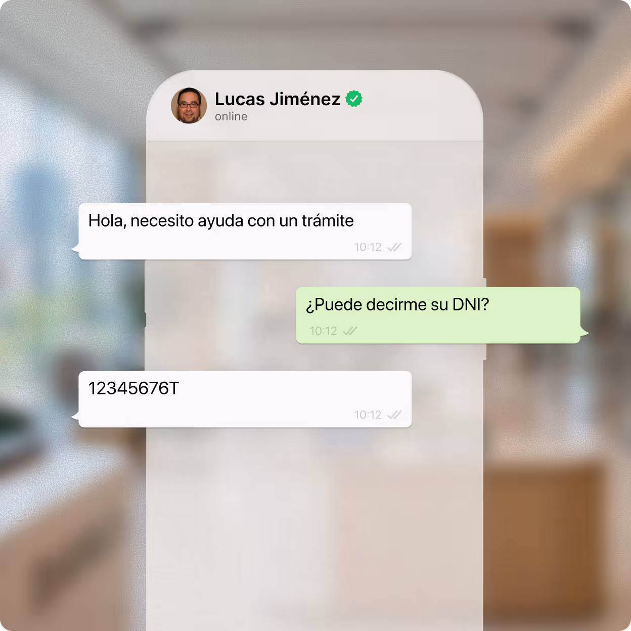 Chat between Lucas Jiménez and another person asking for help with a process and DNI number.