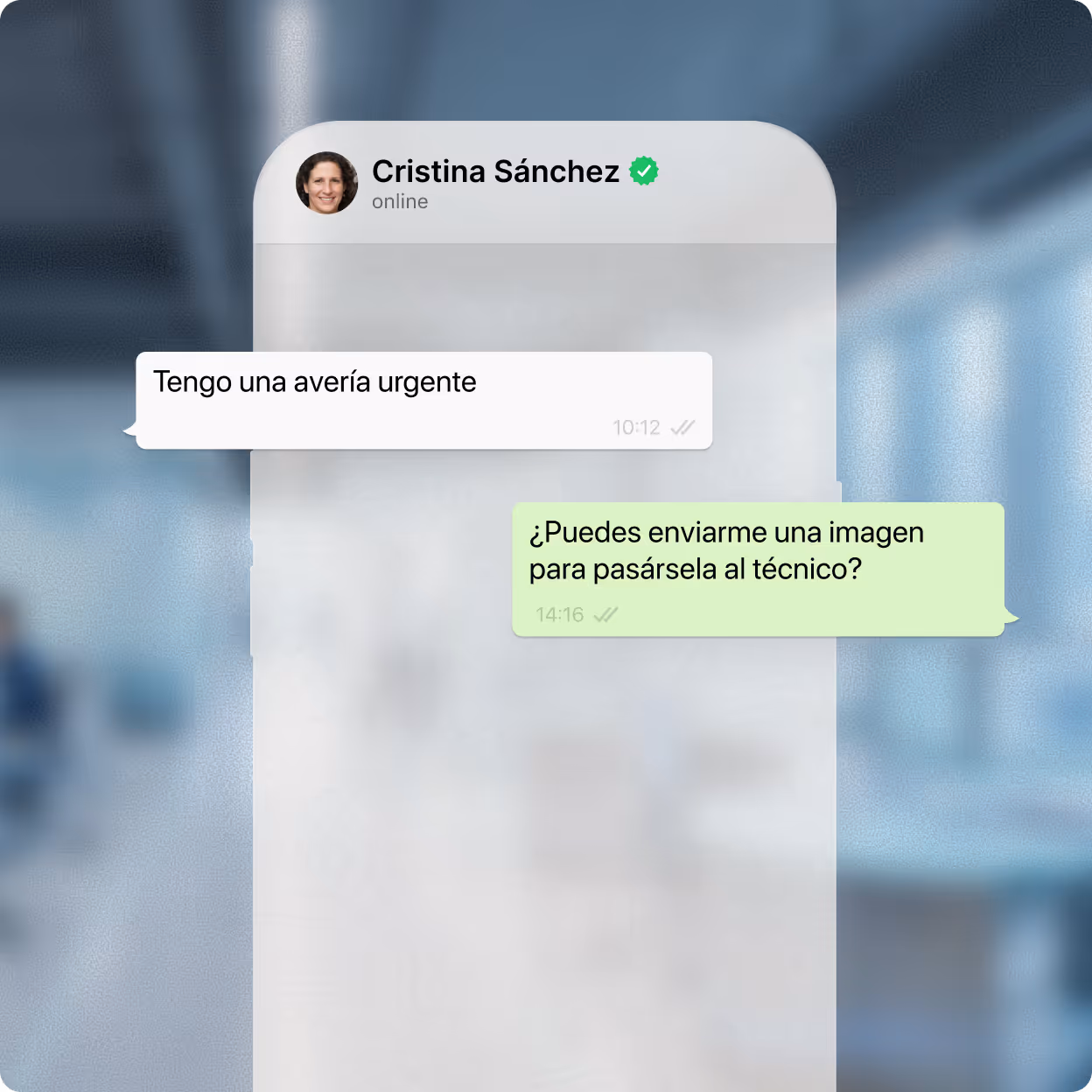 Chat showing Cristina Sánchez says: urgent breakdown; reply asks for a picture to send to the technician.