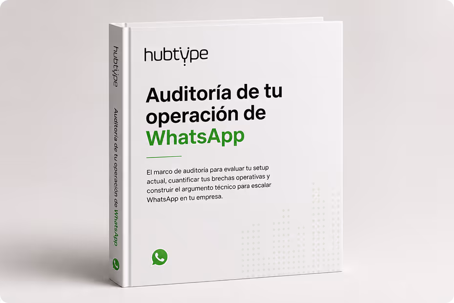 Libro blanco titulado «Auditoría de tu operación de WhatsApp» con el logotipo de Hubtype y el icono de WhatsApp en la portada.