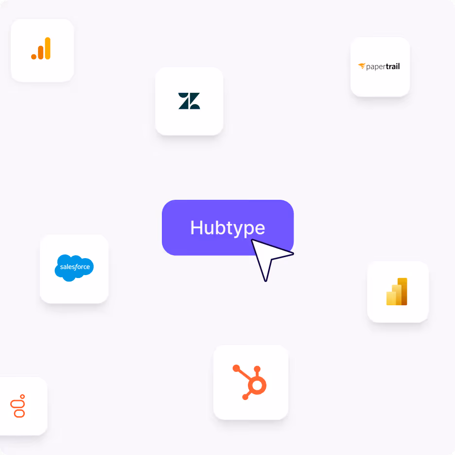 El cursor hace clic en un botón morado de Hubtype rodeado de varios logotipos de software sobre un fondo blanco.