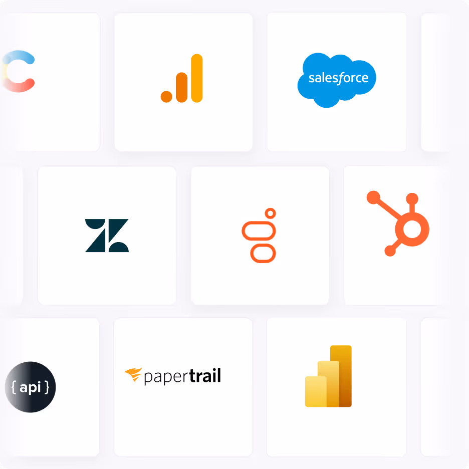 Cuadrícula de logotipos de servicios de tecnología y software que incluye Salesforce, Zendesk, HubSpot, Papertrail y el icono de API.