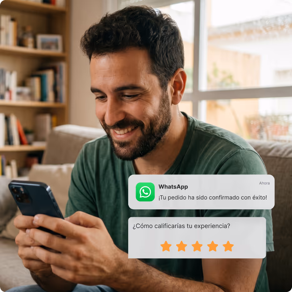 Hombre sonriente con camisa verde mirando el teléfono con la confirmación del pedido de WhatsApp y la calificación de cinco estrellas en la pantalla.
