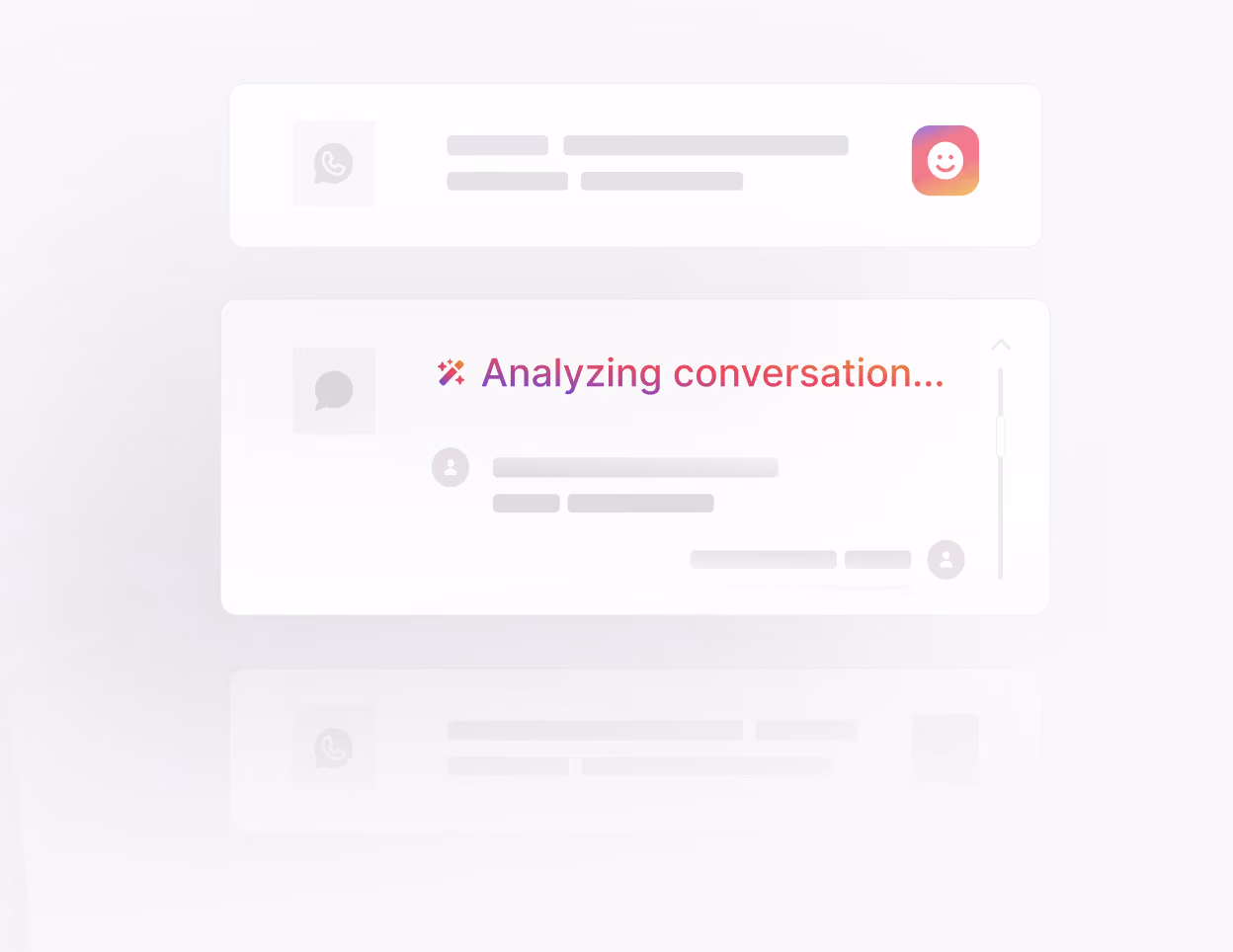 Interface showing a chat window with the message 'Analyzing conversation...' in gradient text.