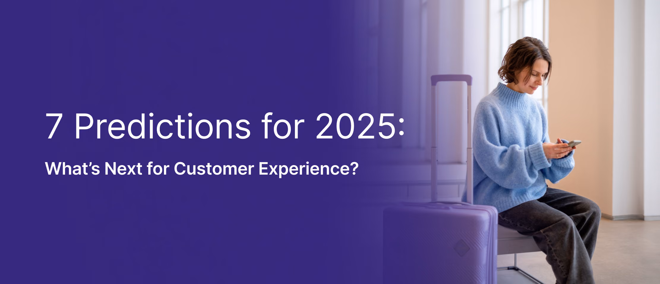Predictions for 2025 customer experience with woman using smartphone, preparing for future trends and business insights.