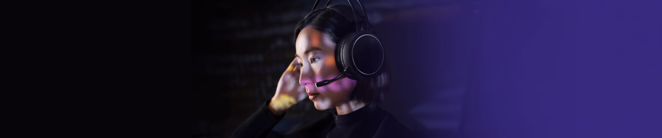 Call center agent wearing headset with purple background discussing 'The future of AI agents in messaging: Where CX Is headed next