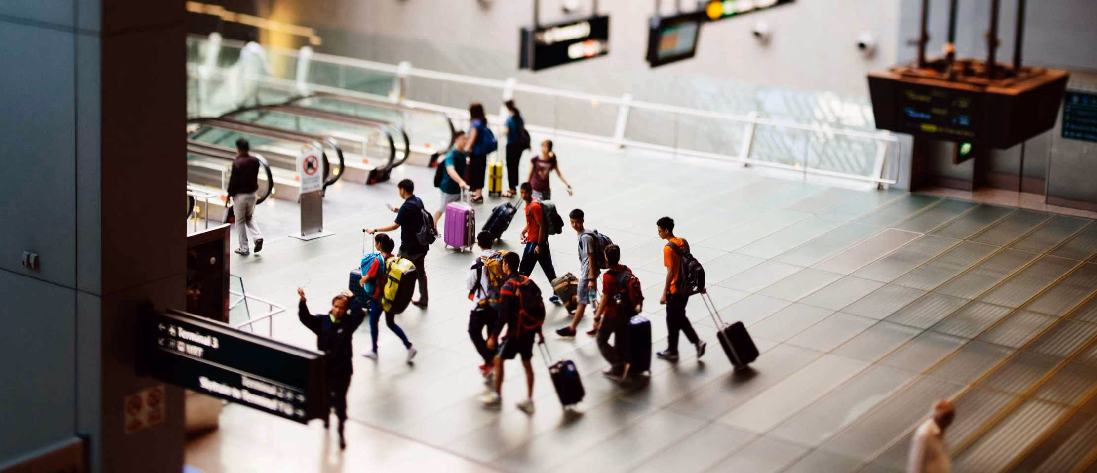 Travelers with luggage walk through busy airport terminal, heading to escalators amidst directional signs and bustling activity.